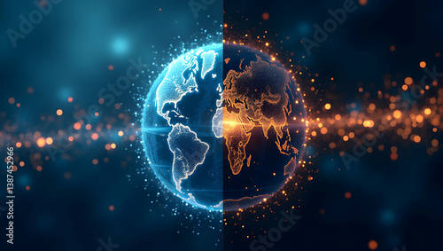 Creative split-image design showcasing a world with contrasting hemispheres, depicting technological advancement and interconnectedness between different regions of the globe
