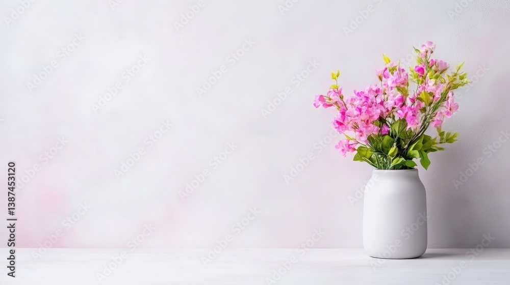 Fototapeta premium A white ceramic vase with vibrant pink flowers on a minimalist white surface, soft pastel background, elegant floral arrangement, and home decor concept.