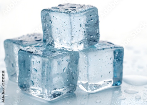 A close up of three ice cubes stacked on top of each other with water droplets on a white background