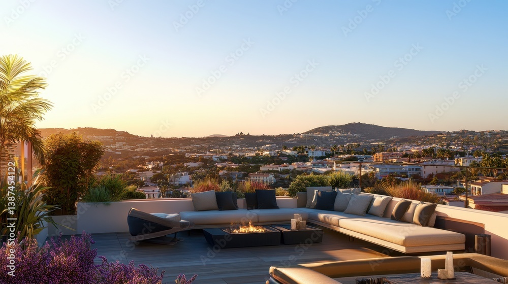 Naklejka premium A stylish modern townhouse with a private rooftop terrace, featuring lounge seating and a stunning city view.