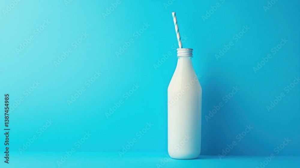 Milk bottle with straw on blue background. Milk bottle with straw on blue background.