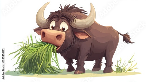 Obraz na płótnie Cartoon buffalo figure with oversized horns, chewing cartoon grass. w salonie