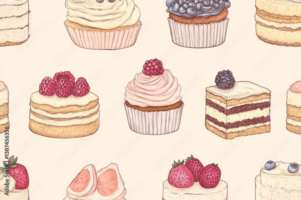 A seamless pattern of assorted sweet cakes, including cupcakes, layered cakes, and fruit tarts, hand-drawn vector style, pastel color palette, stock vector A seamless pattern of assorted sweet cakes, including cupcakes, layered cakes, and fruit tarts, hand-drawn vector style, pastel color palette, stock vector