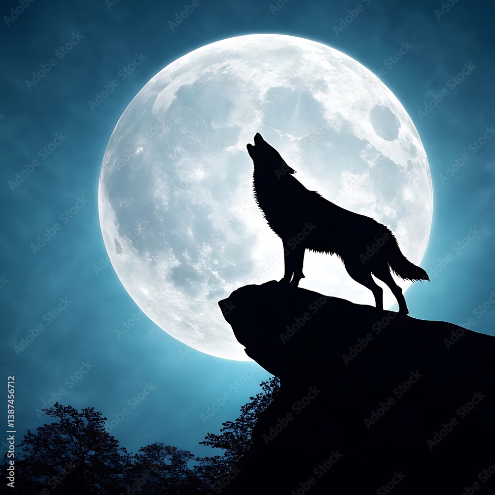 Fototapeta A lone wolf howls at the majestic full moon a breathtaking night scene silhouetted against a twilight sky dramatic lighting and a rocky outcrop