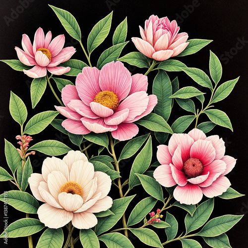 Bright, colorful flowers stand out against a deep black background. A bold and elegant floral design full of energy, contrast, and beauty.