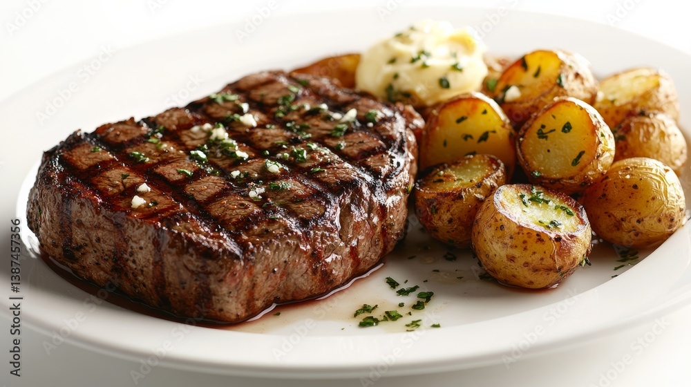 An American-style steak and potatoes with garlic butter. Featuring rich and savory flavors An American-style steak and potatoes with garlic butter. Featuring rich and savory flavors