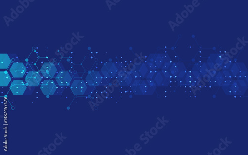 Hexagons pattern on blue background. Genetic research, molecular structure. Chemical engineering. Concept of innovation technology. Used for design healthcare, science and medicine background
