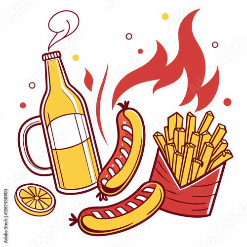 Festive Barbecue Celebration Featuring Beer Sausages Fries And Flames Illustration