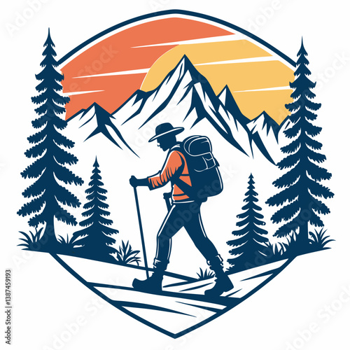 Silhouette Man Hiking In Mountain Landscape With Pine Trees Adventure