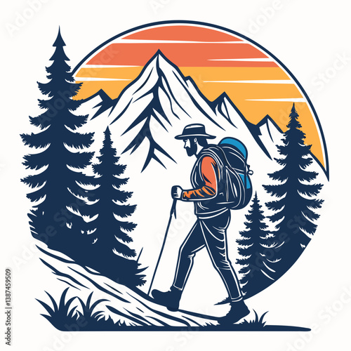 Hiker Silhouette In Mountain Landscape Adventure And Outdoor Exploration Graphic Illustration