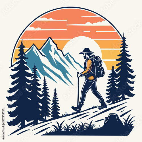 Hiker With Backpack And Walking Stick Hiking In Mountain Landscape At Sunset