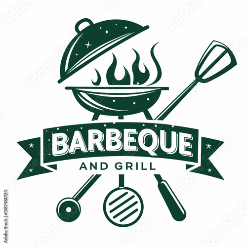 Barbeque And Grill Decorative Vector Illustration With Utensils In Green Color