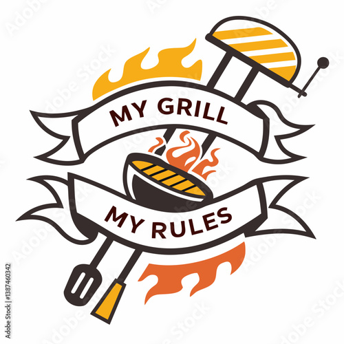 Fun Grilling Barbecue Design With Flames Spatula Tongs And Banner Message