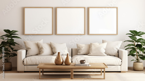 Mock up de trois tableaux avec un sofa et décorations. Élégant, simple. Décoration, lumières douces. Blanc et beige. Pour conception et création graphique.