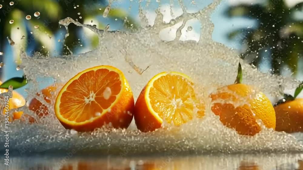 Vibrant image of oranges sliced in half with water splashing against a sunny backdrop.