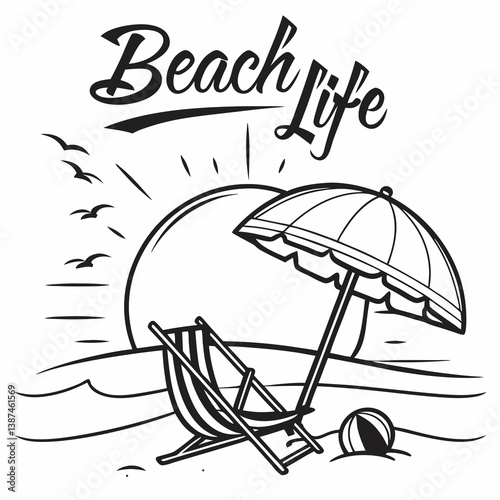 Black And White Beach Scene With Chair Umbrella Sun And Seagulls