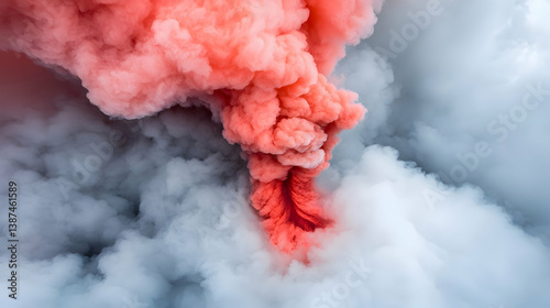 Aerial View of a Volcanic Eruption with Red and Grey Smoke