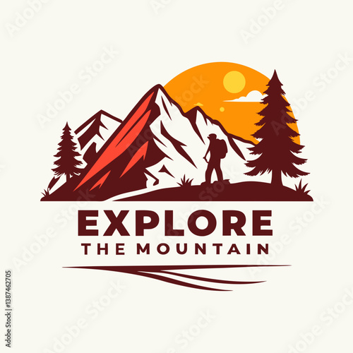 Adventurer Silhouette Hiking Mountain Landscape Under Sunrise Exploring Adventure Concept