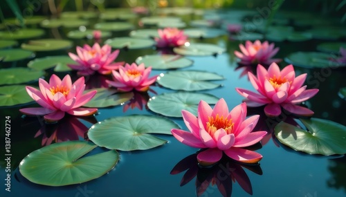 Vibrant water lilies forming a floral pattern across a lake, reflection, bloom, vibrant