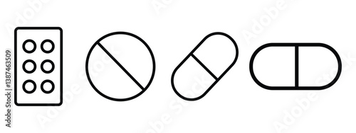 Pills or capsules line icon set vector isolated on white background