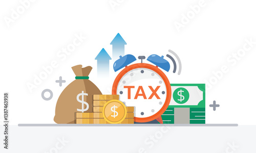 Tax activities and money icon collection with colorful cartoon style including coin, dollar bill and saving. Flat vector illustration.