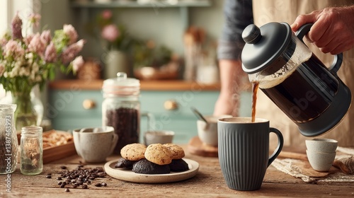 Person pouring coffee from a French press into a mug on a wooden table with cookies and coffee beans.