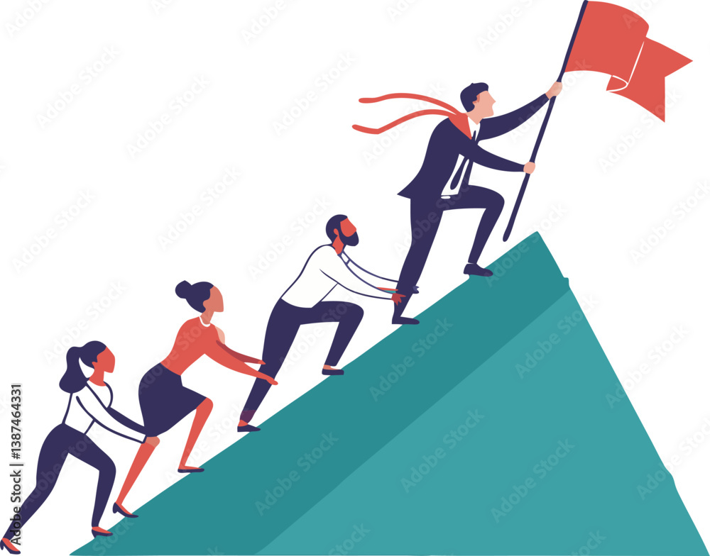 Obraz premium A vibrant illustration of a diverse team working together to climb a mountain, symbolizing teamwork and achieving a common goal.