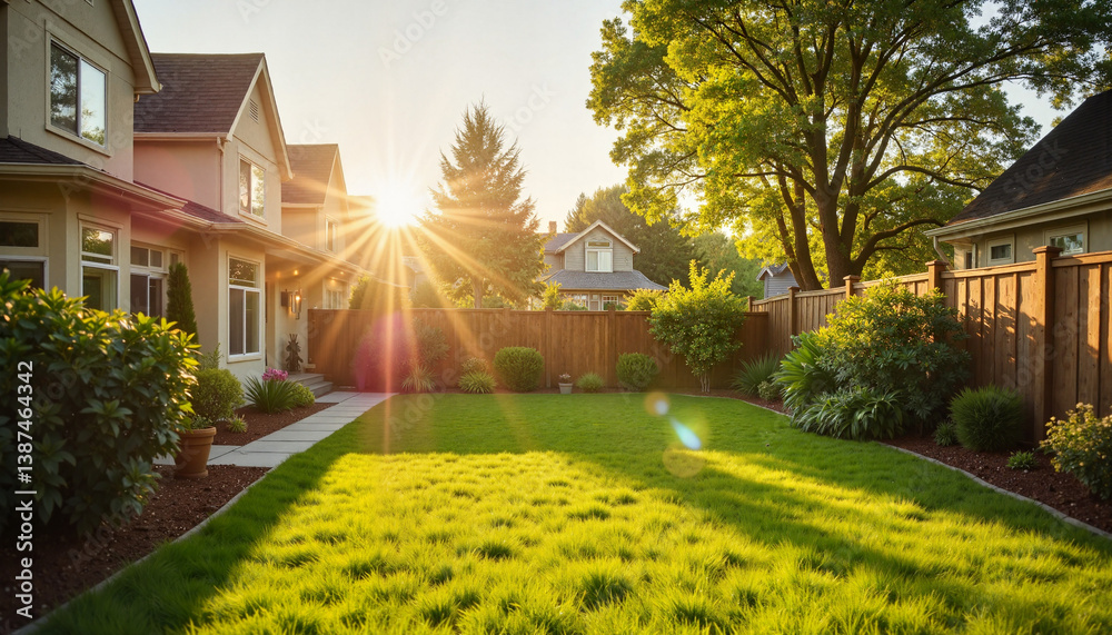 Fototapeta premium Serene backyard garden with evening sun rays and lush grass, Landscaped backyard, Lawn mowing 