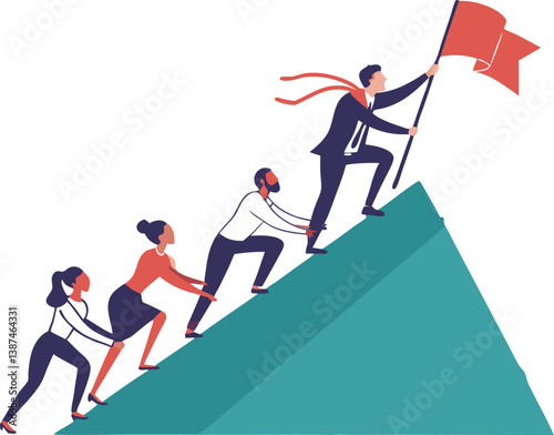 A vibrant illustration of a diverse team working together to climb a mountain, symbolizing teamwork and achieving a common goal.