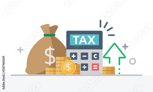 Tax activities and money icon collection with colorful cartoon style including coin, dollar bill and saving. Flat vector illustration.