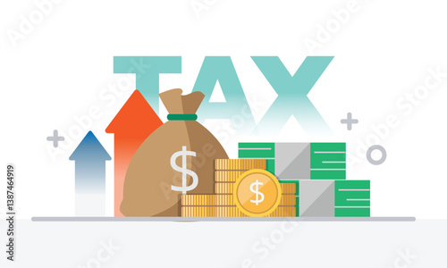 Tax activities and money icon collection with colorful cartoon style including coin, dollar bill and saving. Flat vector illustration.
