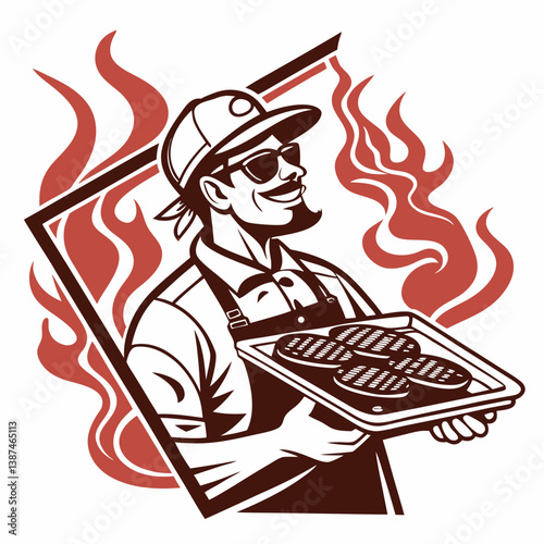Bbq Master Chef Holding Grilled Burgers On Tray With Fire Flames Background