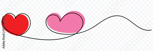 Heart line scribble style decoration element vector illustration. One continuous line art drawing for valentine's day. Double color heart wavy line. Romantic relationship concept for wedding.
