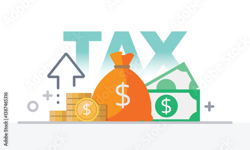 Tax activities and money icon collection with colorful cartoon style including coin, dollar bill and saving. Flat vector illustration.
