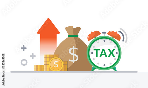 Tax activities and money icon collection with colorful cartoon style including coin, dollar bill and saving. Flat vector illustration.