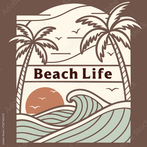 Minimalist Beach Life Illustration With Palm Trees Waves And Setting Sun
