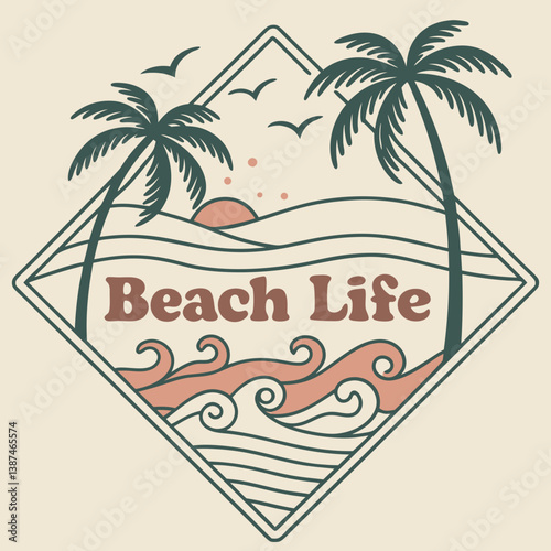 Wallpaper Mural Tropical Beach Life Illustration With Palm Trees Waves And Sunset Torontodigital.ca