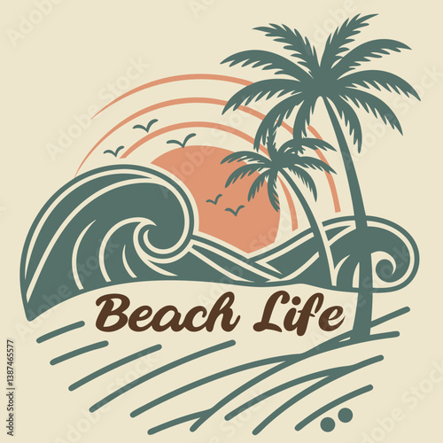 Retro Beach Life Illustration With Palm Trees Waves And Sunset Graphic