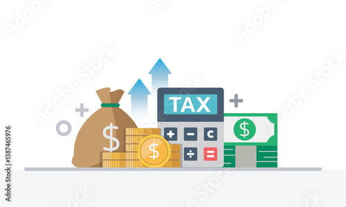 Tax activities and money icon collection with colorful cartoon style including coin, dollar bill and saving. Flat vector illustration.
