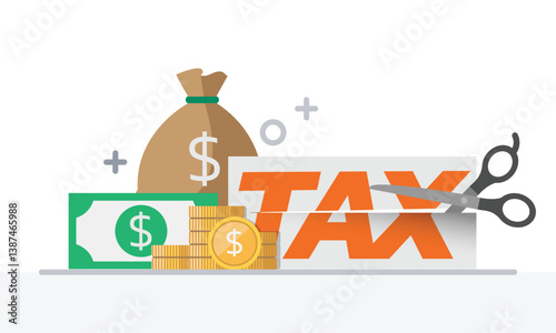 Tax activities and money icon collection with colorful cartoon style including coin, dollar bill and saving. Flat vector illustration.