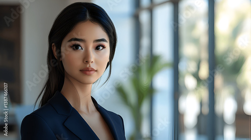 Smiling young Asian business woman wearing suit standing on urban escalator using applications on cell phone, reading news on smartphone, fast connection, checking mobile apps outdoors