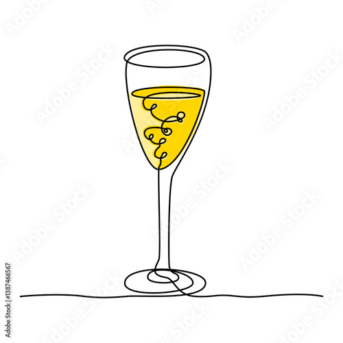 Continuous line drawing. Glass with drink. Champagne in a glass on a high stem. Elegant wine goblet. Simple vector illustration on a white background.
