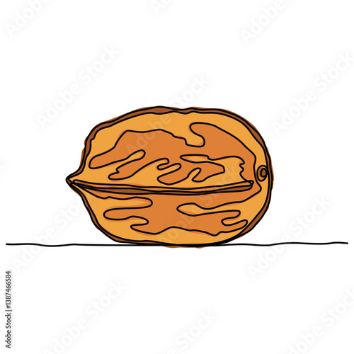Continuous line drawing. Original image of a whole walnut. Closed walnut shell. Simple color vector illustration isolated on white background.