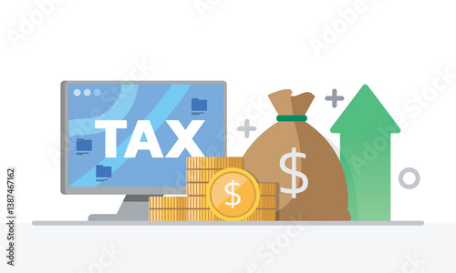 Tax activities and money icon collection with colorful cartoon style including coin, dollar bill and saving. Flat vector illustration.