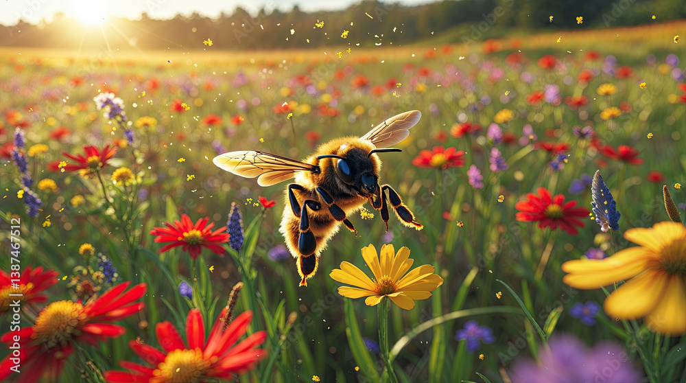 Close-up of a honey bee flying over a colorful flower meadow collecting pollen during a sunny spring day, with pollen particles floating in the air and a warm sunset glow in the background