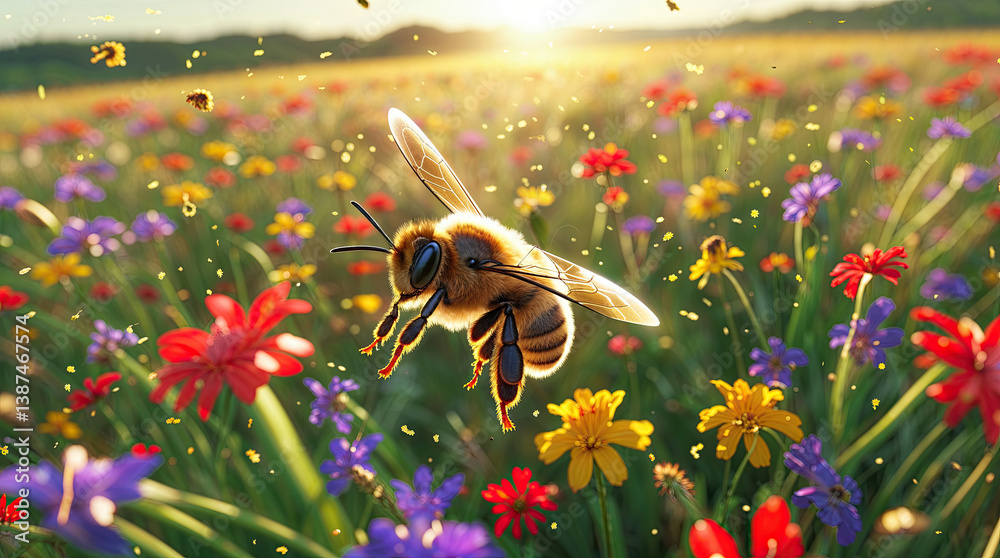 Honey bee gracefully flying and pollinating vibrant wildflowers in a serene meadow at sunset, with warm sunlight illuminating pollen particles and creating a magical ambiance