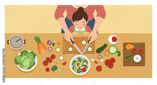 Family Cooking Together While Preparing Fresh Salad Ingredients  