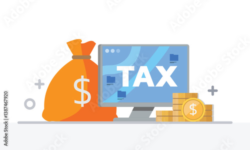 Tax activities and money icon collection with colorful cartoon style including coin, dollar bill and saving. Flat vector illustration.