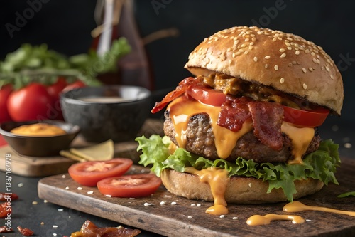 Gourmet burger, juicy beef patty, melted cheese, crispy bacon, fresh lettuce, ripe tomato, sesame seed bun, dripping sauce, close-up photography, dark background, hamburger