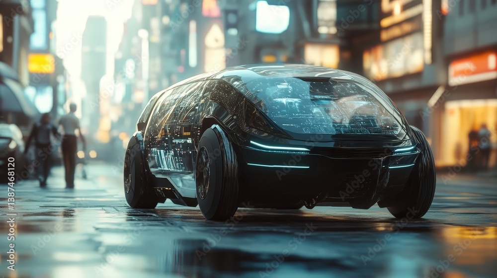 A fully autonomous concept car with a futuristic glass cabin, gliding effortlessly through a smart city of the future. A fully autonomous concept car with a futuristic glass cabin, gliding effortlessly through a smart city of the future.